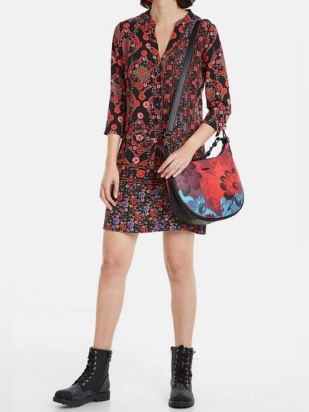 Desigual Black Red Pink Floral Patchwork Coat Dress - Picture 2 of 5